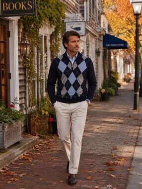 Harrison Davis 2 ply cashmere argyle blue 1/2 zip pullover sweater new